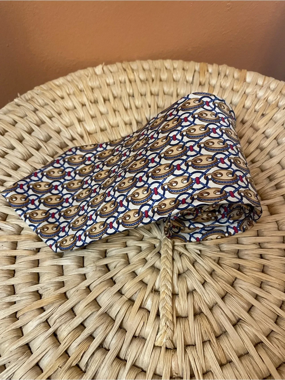 Gucci Designer Vintage Gold Link Chain Silk Neckwear Tie Nautical Baroque Style